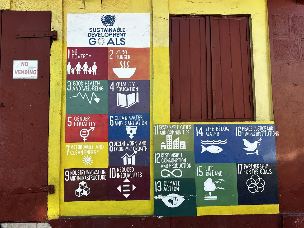 A community centre in Portsmouth, Dominica sets out sustainable goals in a graphic way