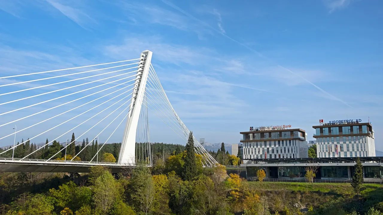 The Millenium Bridge (Milenijum Most) shot from Podgorički park during the day