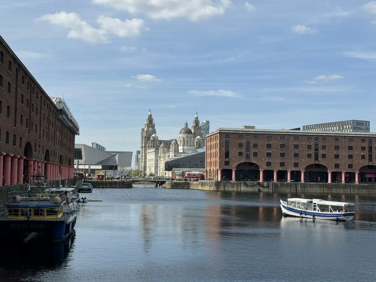 Royal Liver Building seen in the distance from the Albert Dock, Liverpool
