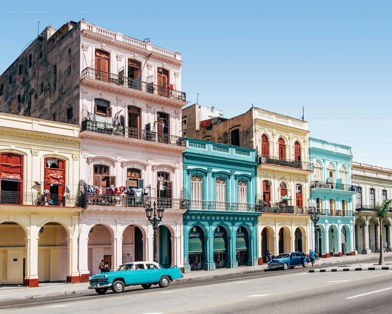 A colorful strip of buildings in Havana, Cuba
