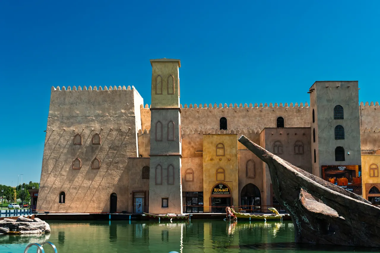 Historic stone castle by the water with clear sky