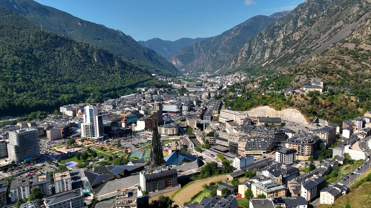 Andorra la Vella, City Center of the capital city of Andorra in between Pyrenees