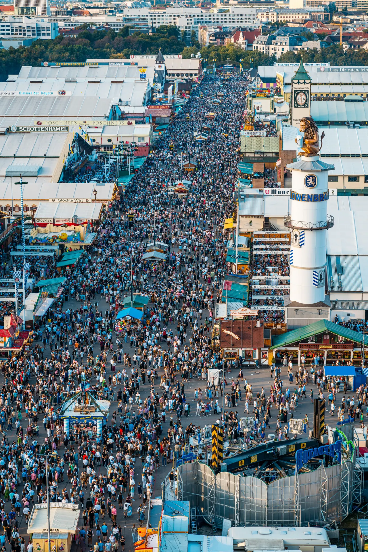 An aerial view of a large crowd at the Oktoberfest festival in Munich