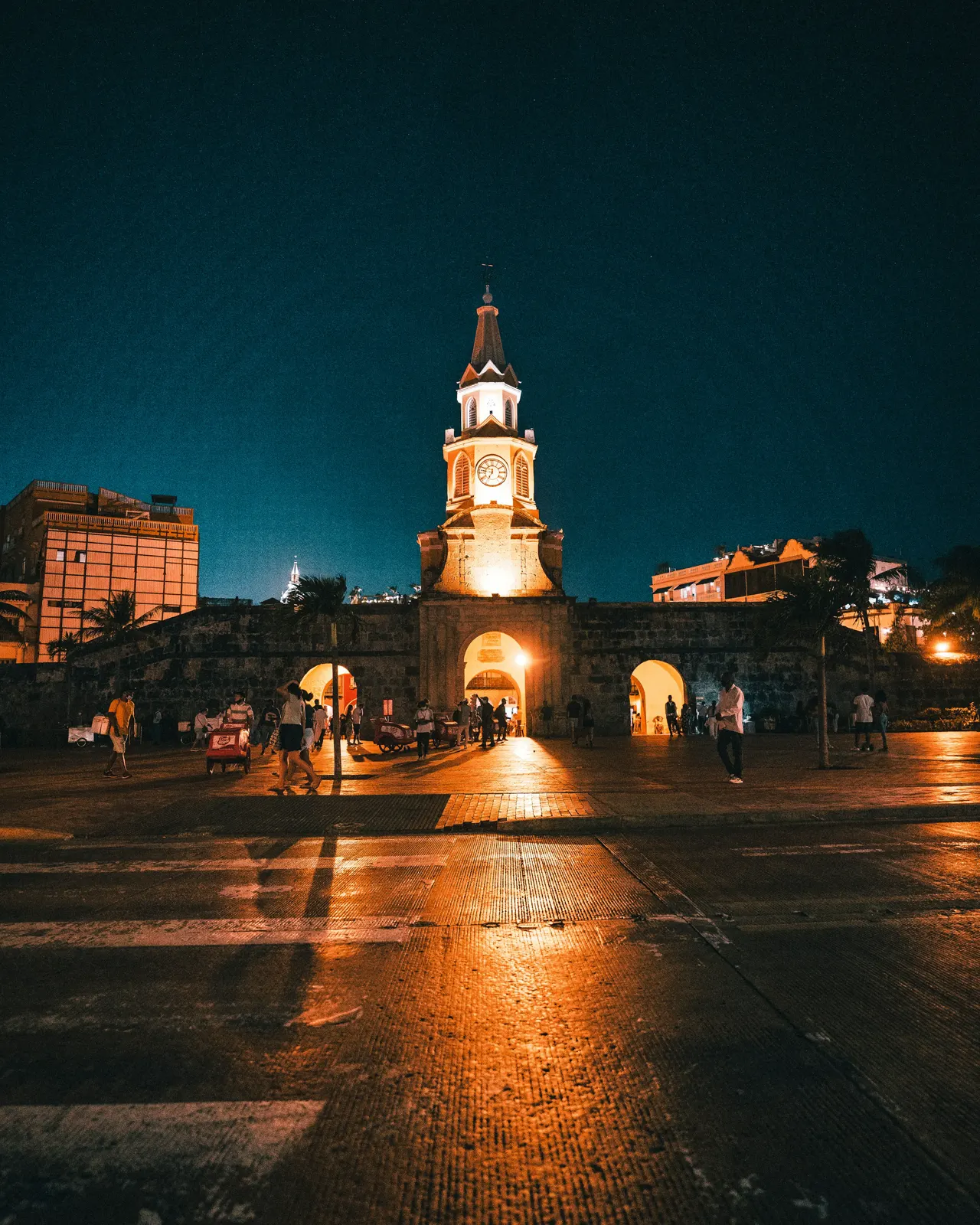 Cartagena's iconic clocktower at night