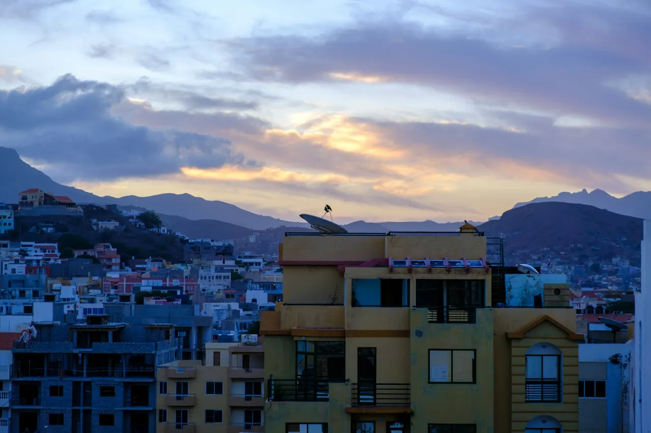 Sunrise behind the mountains in Mindelo, Cape Verde