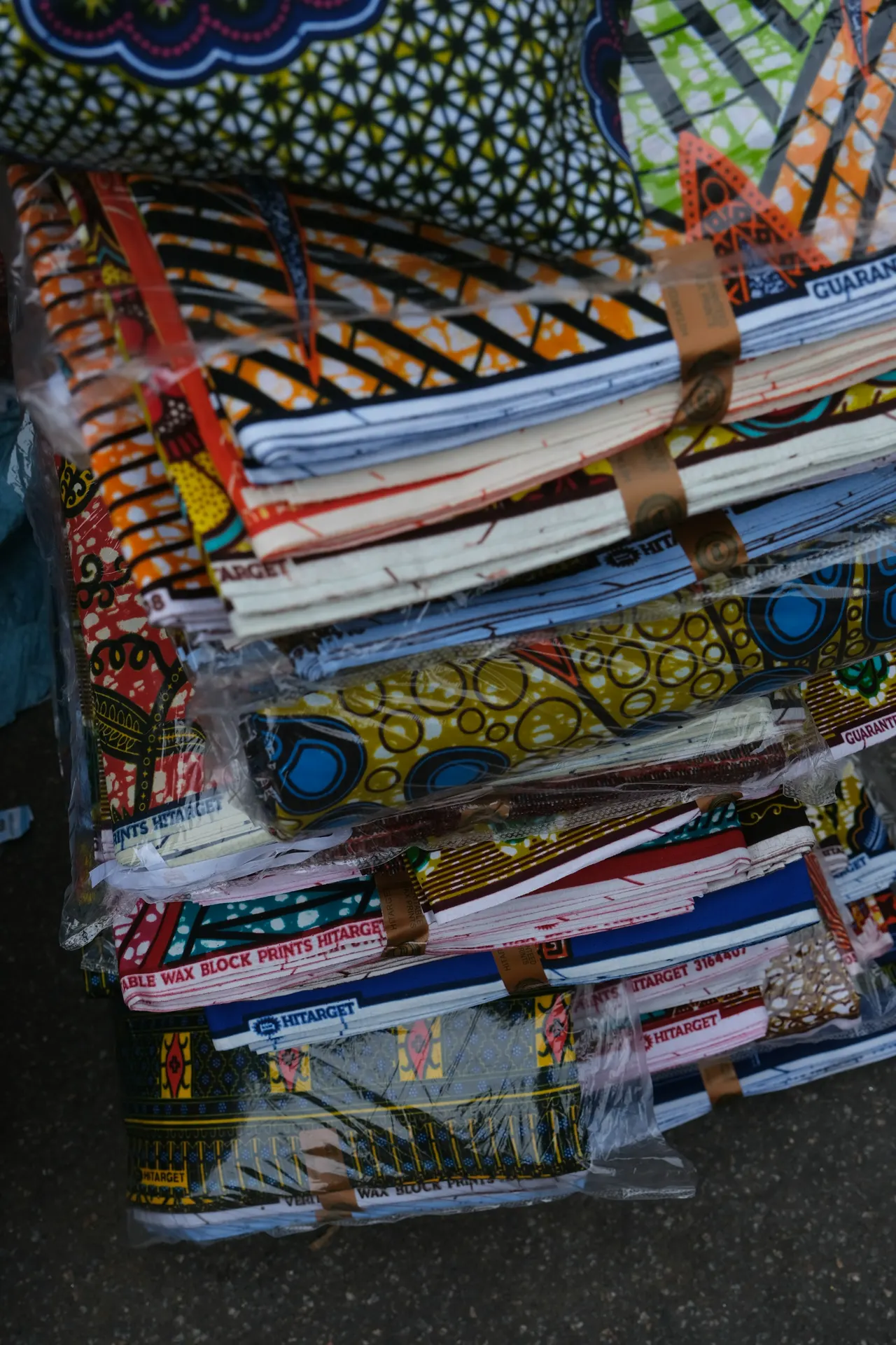 Wax block prints for sale at the market in Lomé, Togo, October 2024