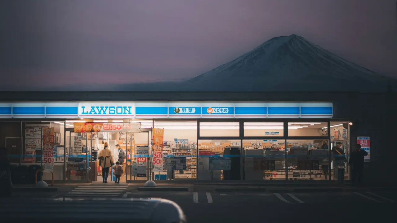 a store front with a mountain in the background
