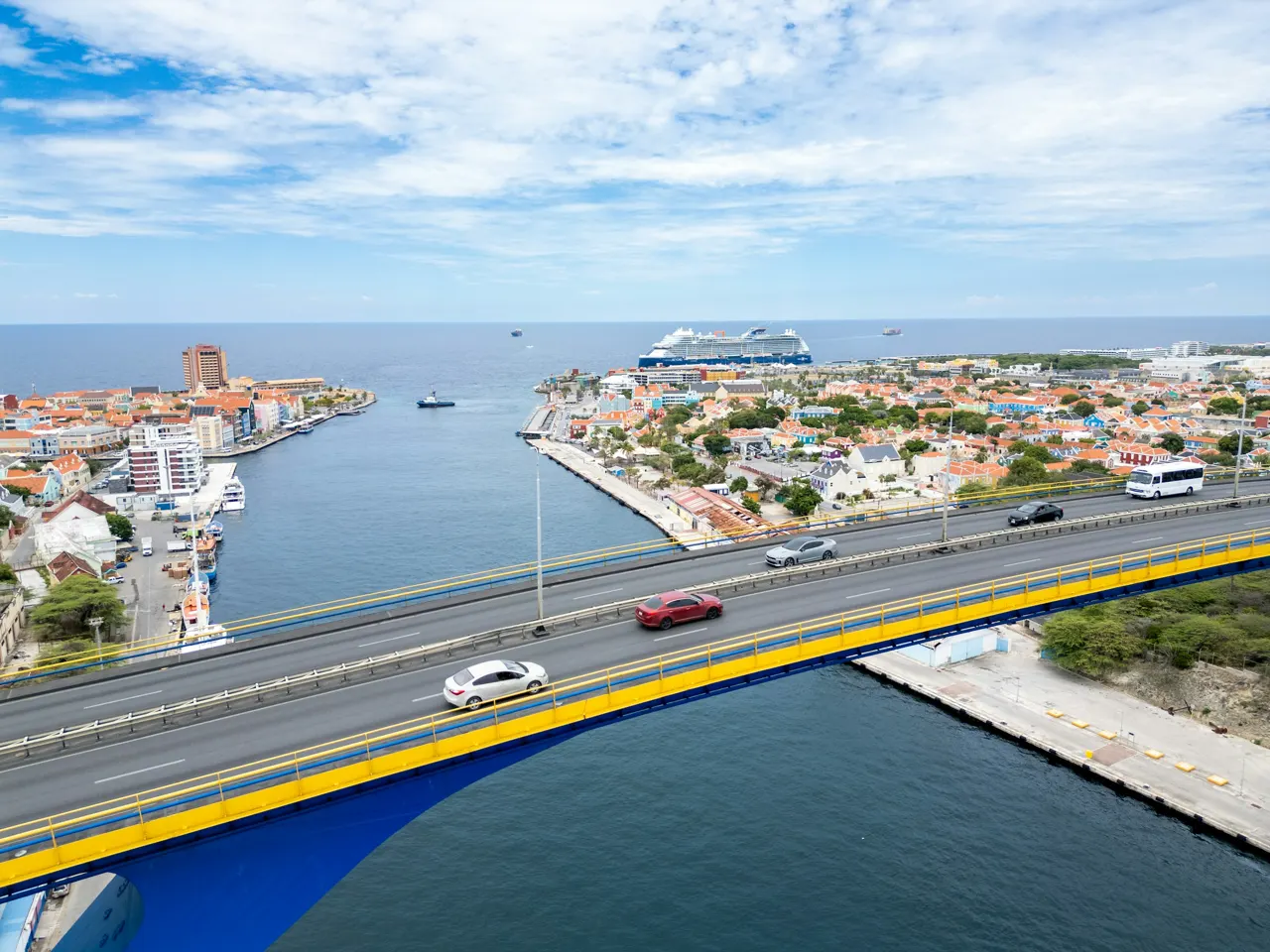 Aerial view of Willemstad, Curaçao, featuring the Queen Juliana Bridge
