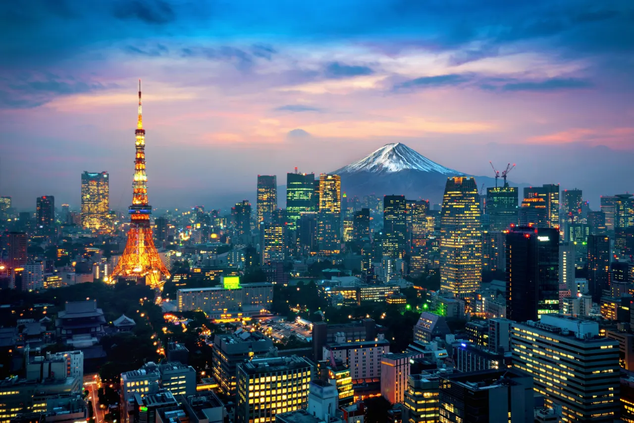 Aerial view of Tokyo cityscape with Fuji mountain in Japan