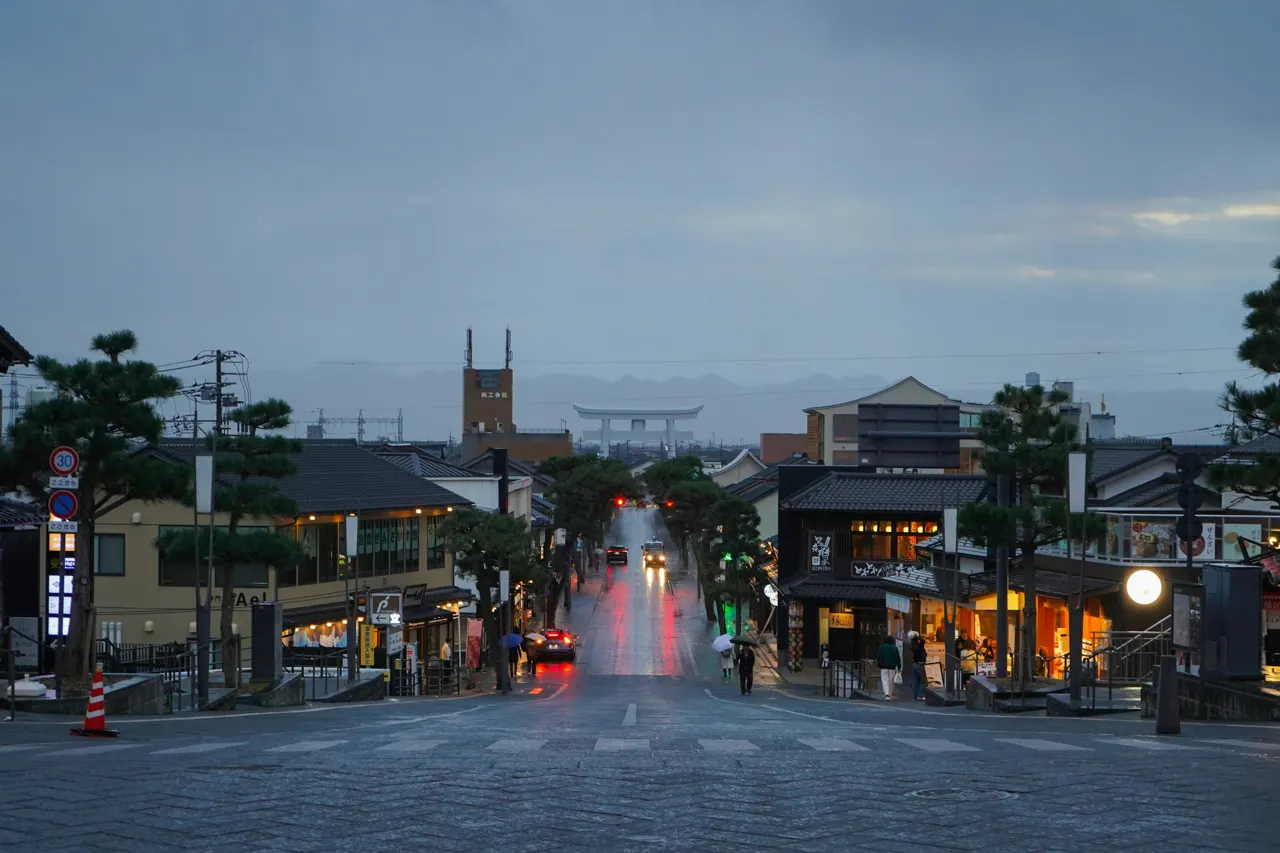 Evening View of Izumo Taisha Approach Street with Distant Torii Gate