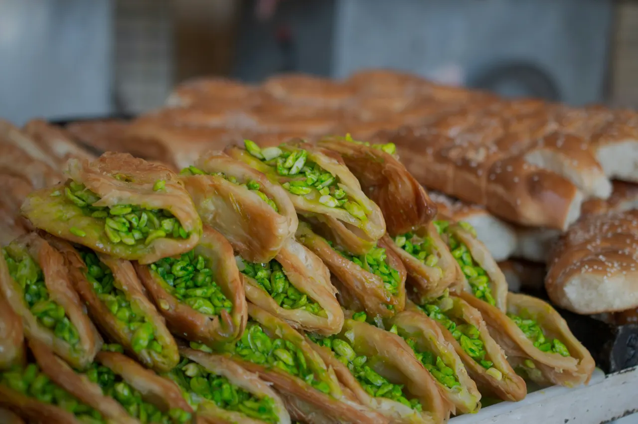 Baklava stuffed with brightly dyed pistachios in Erbil