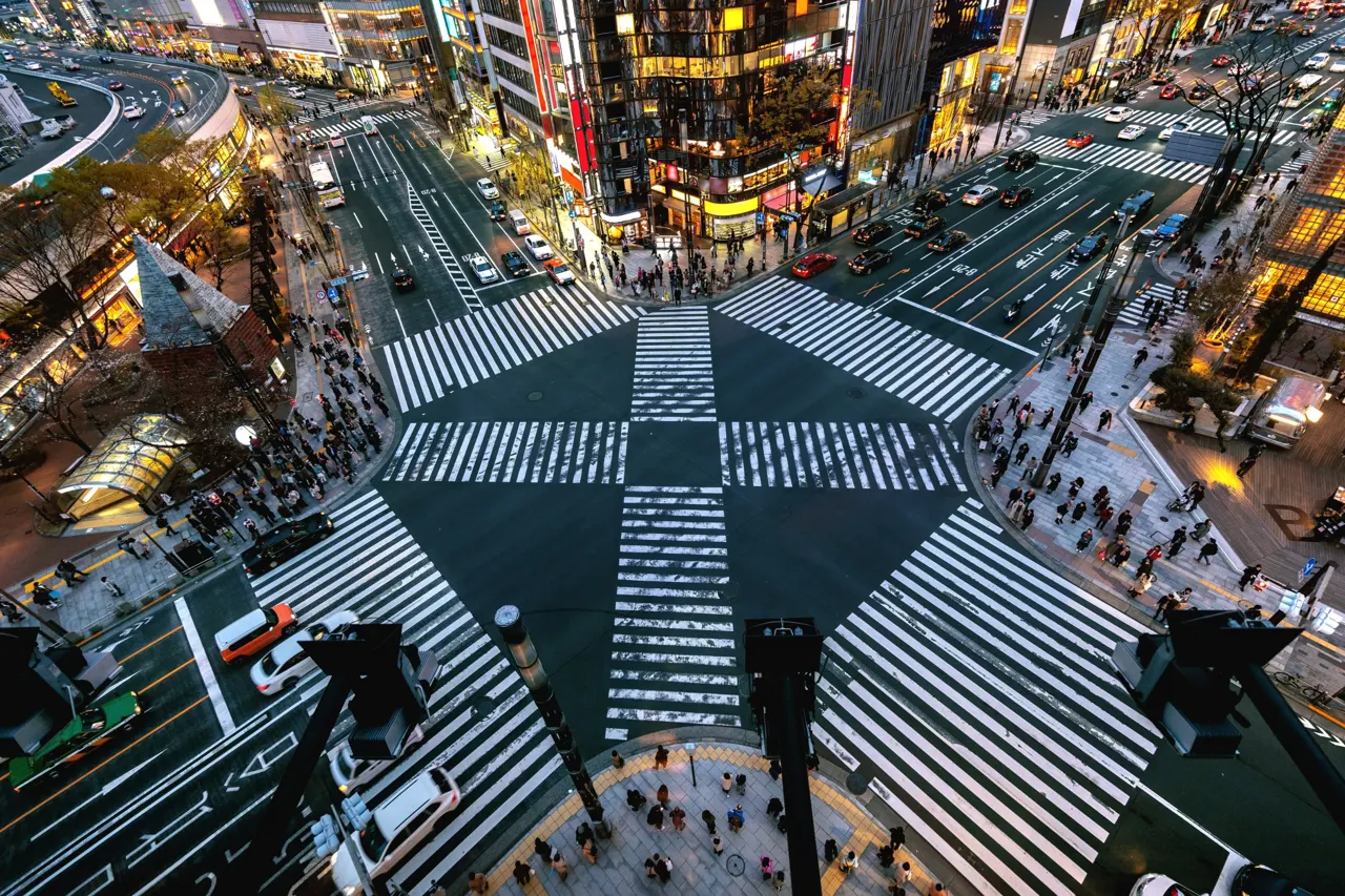 Aerial view of intersection in Ginza, Tokyo, Japan at night