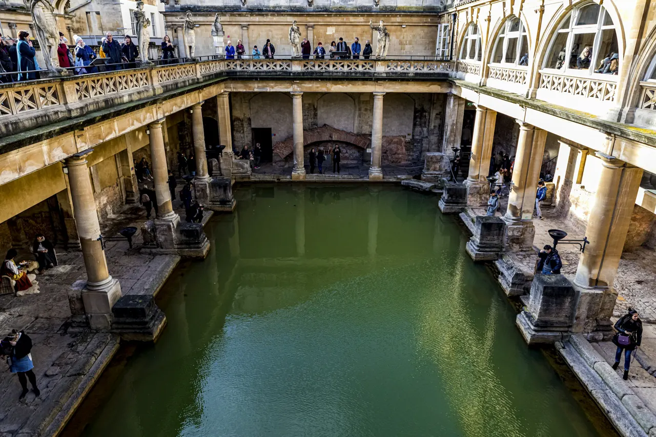 Antique historic landmark Roman Baths in Bath England UK, February 2020