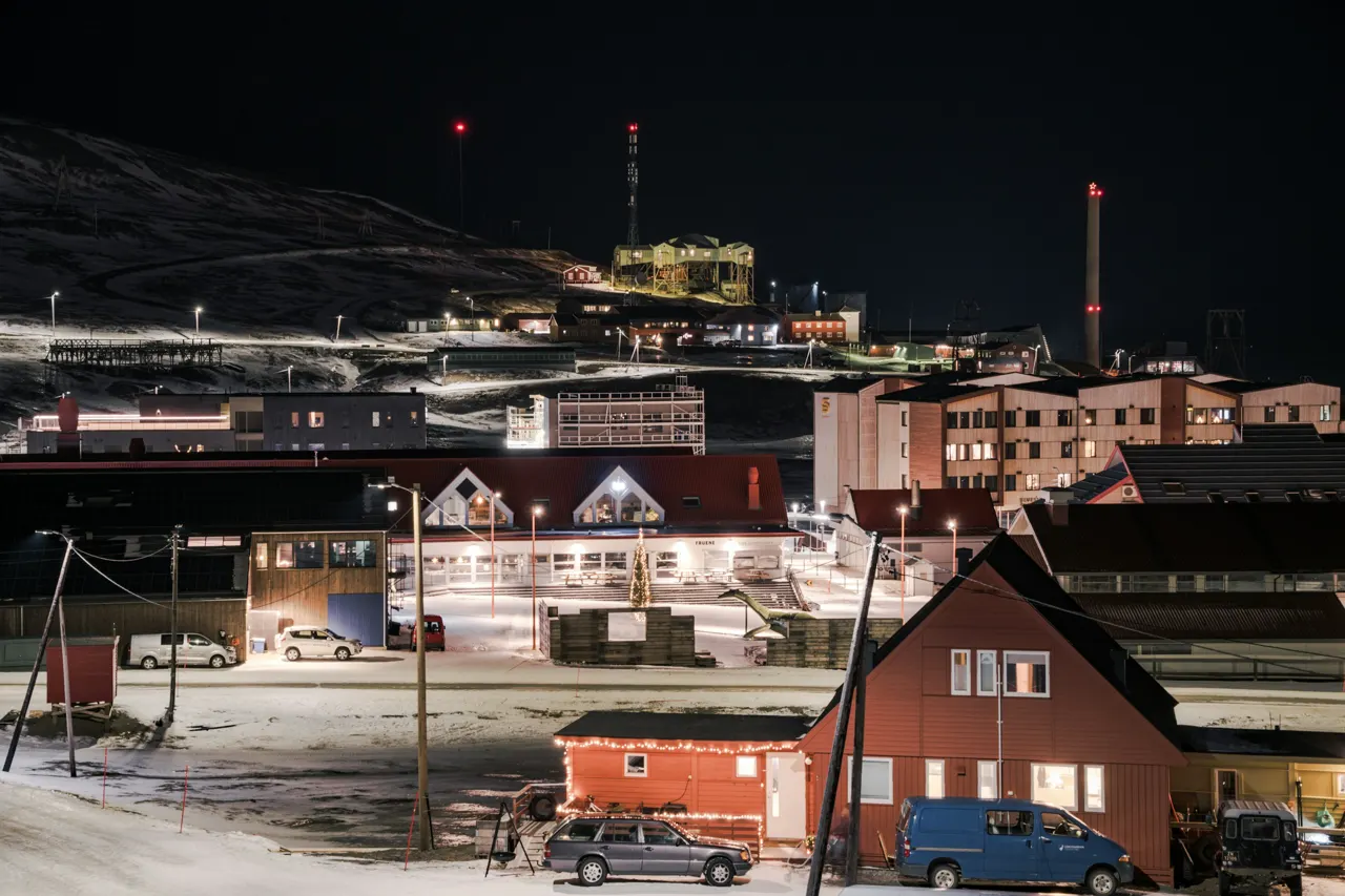 A view of Longyearbyen, an arctic city in the polar night