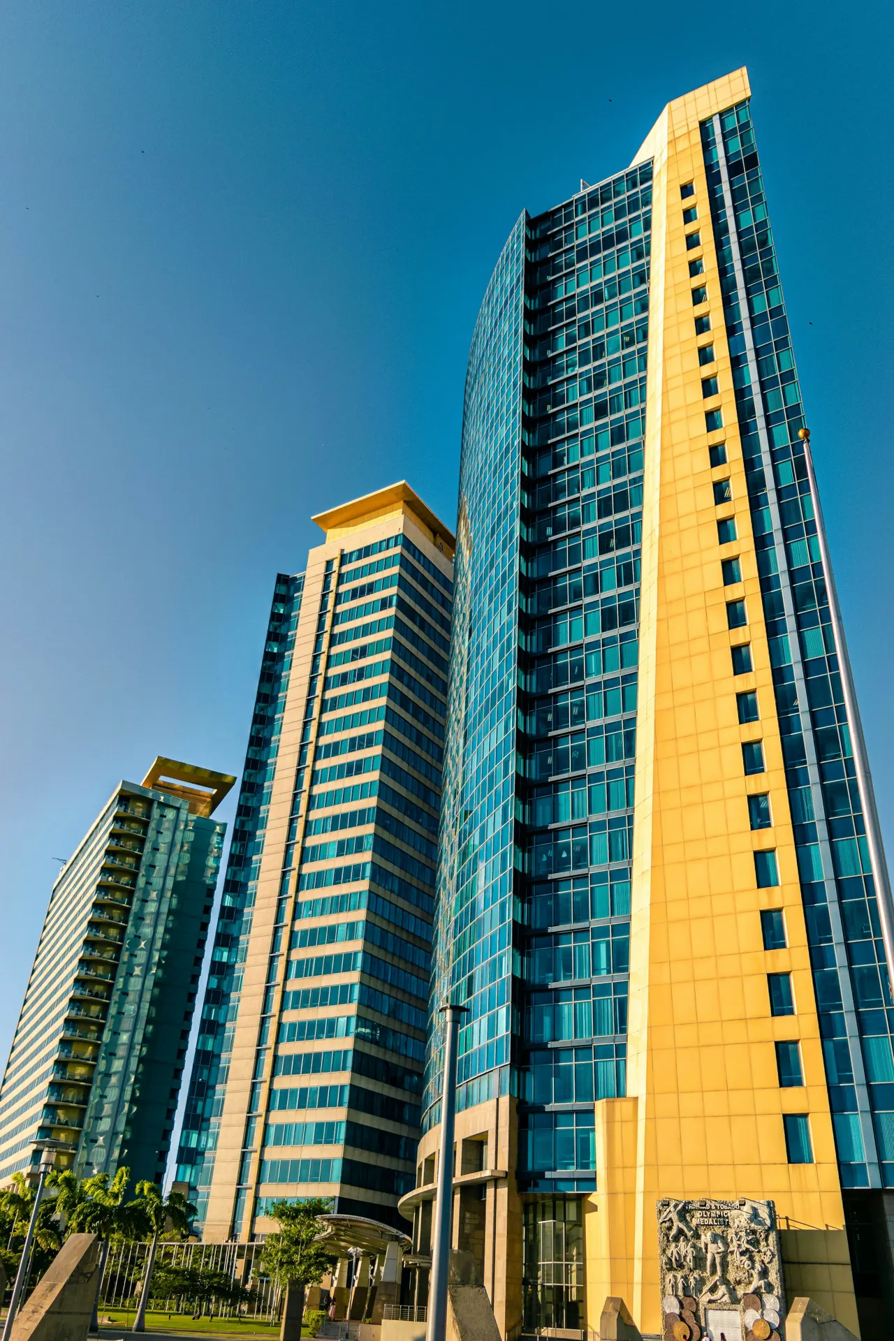 Yellow and Blue Glass Waterfront Towers in Port of Spain Trinidad