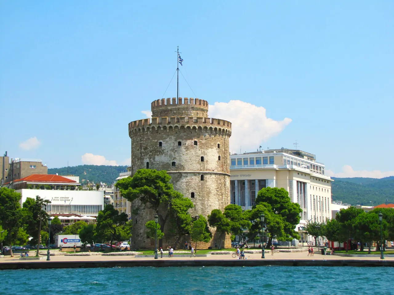 Thessaloniki White Tower on the focus from the sea view