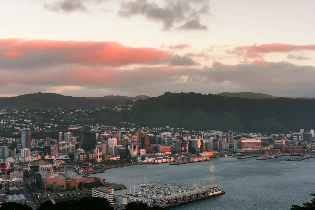 city skyline near body of water during sunset