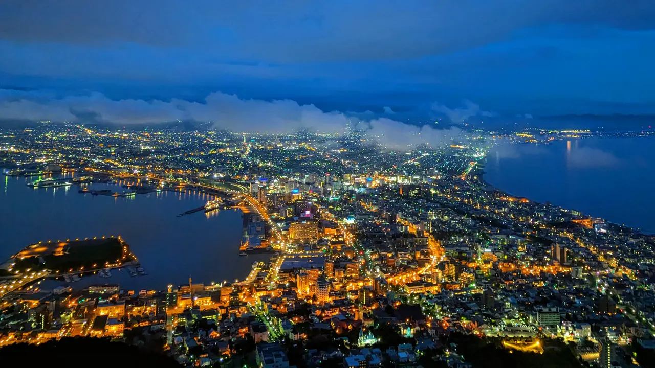 Northern view of the city from Mount Hakodate, with Hakodate Bay to the left and the Tsugaru Strait to the right, Hakodate, Hokkaido, Japan (2024)