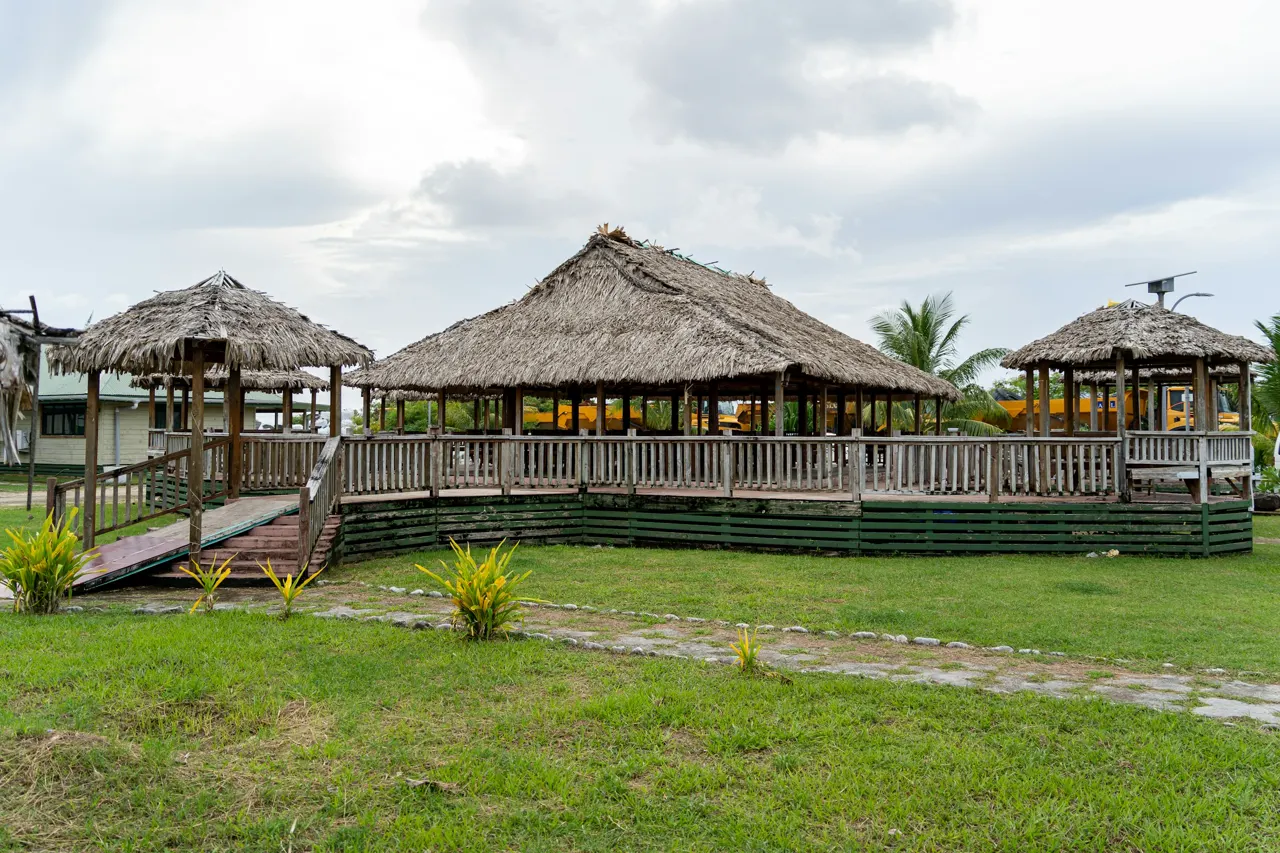 A grassy area with a wooden walkway and thatched huts