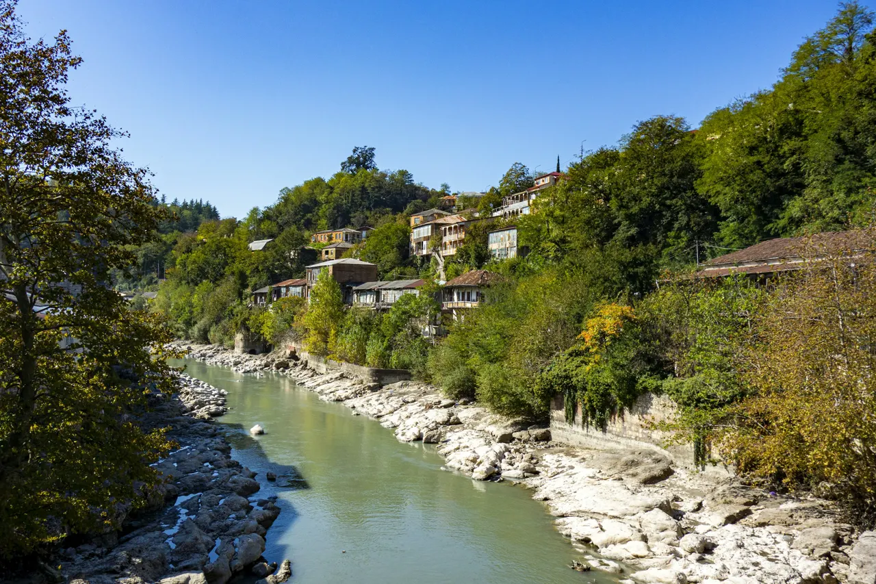 Low levels of the Rioni river running through the city of Kutaisi in Georgia, Europe