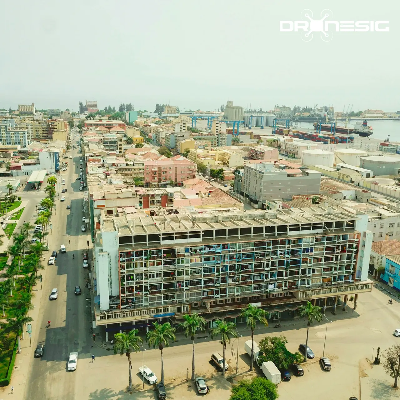 an aerial view of a large building in a city