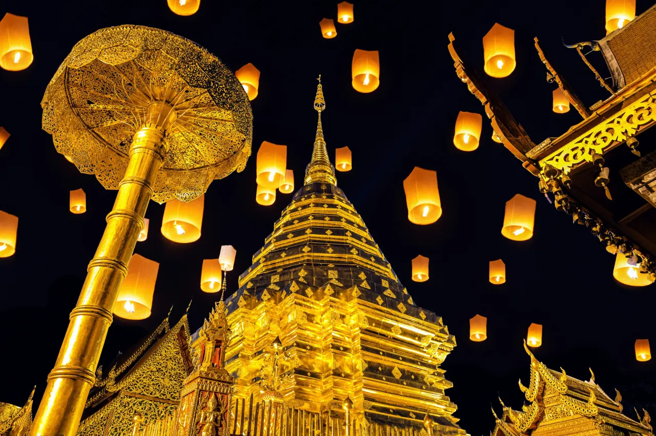 Yee peng festival and sky lanterns at Wat Phra That Doi Suthep in Chiang Mai, Thailand